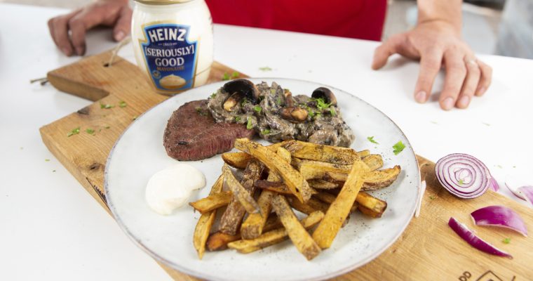 Frietjes 2.0 : Gerookt hooizout – steak champignon